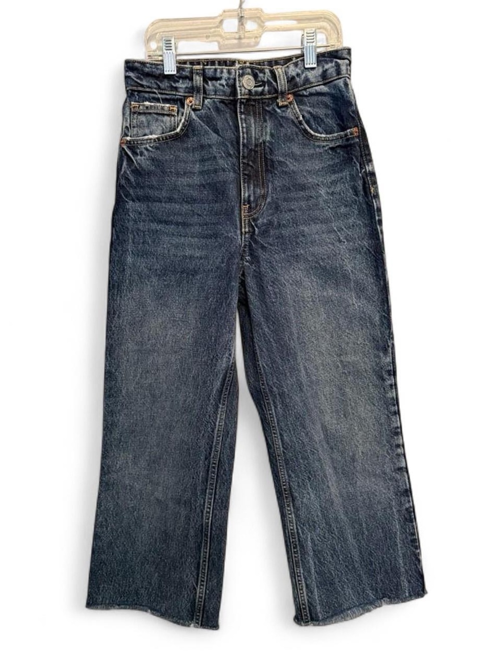 Zara High Waisted Wide Leg Denim Cropped Jeans with Frayed Hem Size 2 Festival